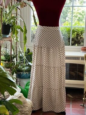 Polka Dot Tiered Maxi Skirt - creme with Black Dots size L  linen and cotton